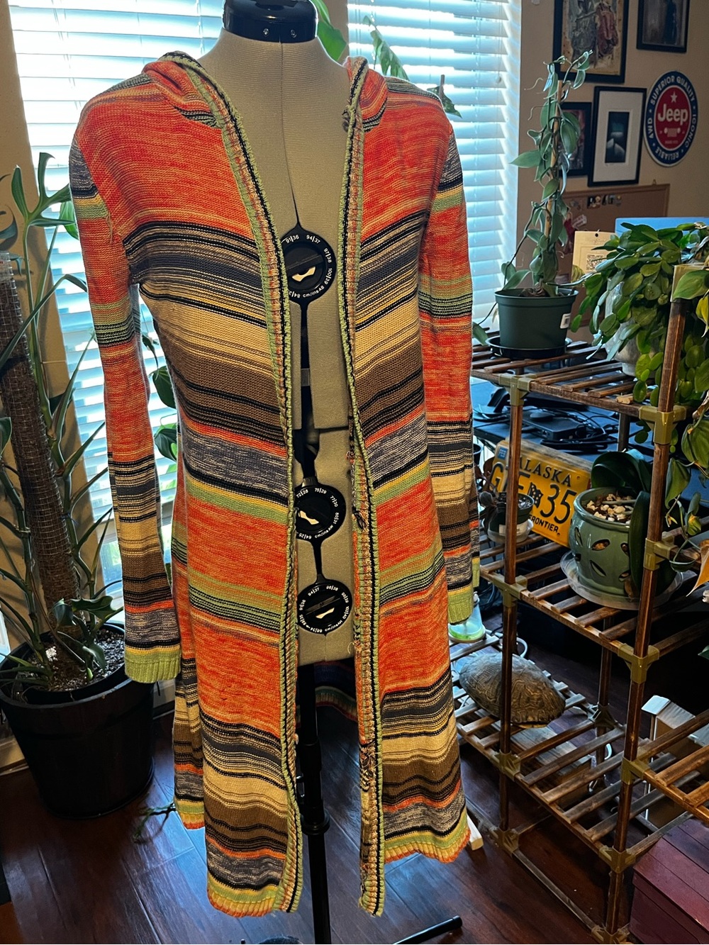 American Rag Hooded Striped Long Cardigan in Orange and Green Accents